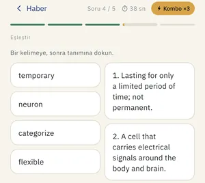Haberdeki kelimeleri tanımlarıyla eşleştiren bir quiz sorusu ve kombo