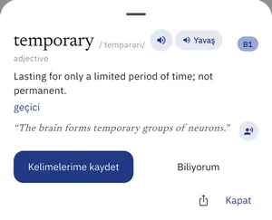 Anlamı, Türkçesi, haberde geçtiği cümle ve kaydetme düğmesiyle bir kelime kartı
