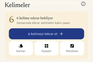Tekrar edilecek kelimeler ve Kartlar, Eşleştir ve Merdiven oyunlarıyla Kelimeler sekmesi