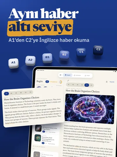 Aynı haber, altı seviye, iPad'de: haber listesi ve C1 seviyesinde bir haber yan yana, üstünde aynı haberin A1 metni