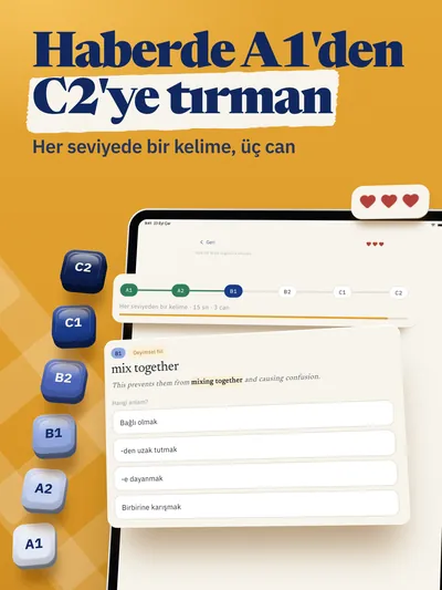 Haberde A1'den C2'ye tırman, iPad'de: Merdiven oyunu, her seviyede bir kelime