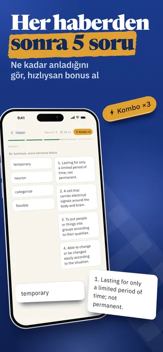 Her haberden sonra 5 soru: kelimeleri anlamlarıyla eşleştiren bir quiz sorusu ve kombo