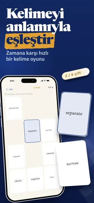 Kelimeyi anlamıyla eşleştir: kelimeleri ve anlamlarını zamana karşı eşleştirdiğin Eşleştir oyunu