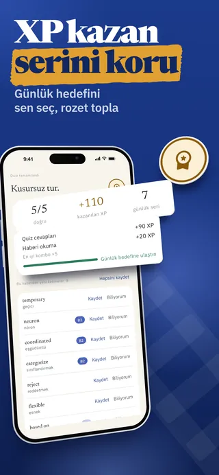 XP kazan, serini koru: kazanılan XP ve günlük hedefle quiz sonucu